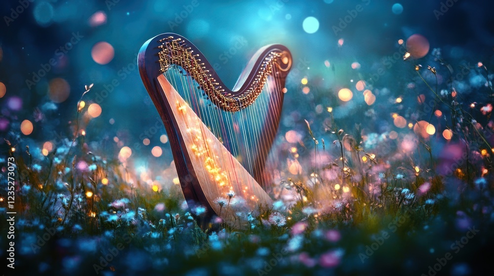 Poster a harp rests in a field of glowing flowers