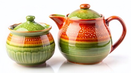 Creamer Set, Ceramic Milk Jug & Sugar Bowl, Isolated on White Background, Kitchenware, High-Resolution Stock Photo