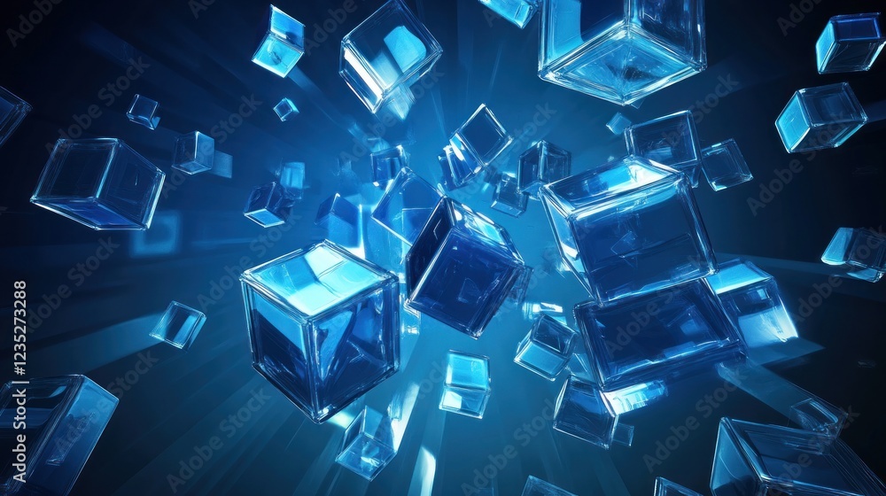 Poster blue glass cubes falling dynamically through space