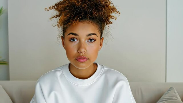 A young woman models a blank white crewneck sweatshirt, perfect for design ideas and mockup presentations.
