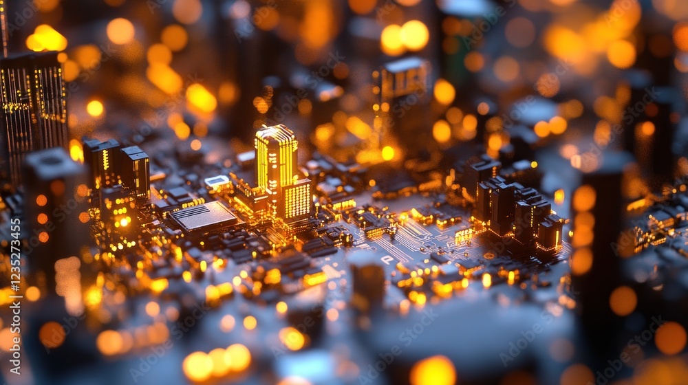 Poster a futuristic cityscape built on a circuit board