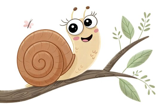 recommend clip art: Happy Snail on Branch Cute Cartoon Snail Illustration Spring Nature