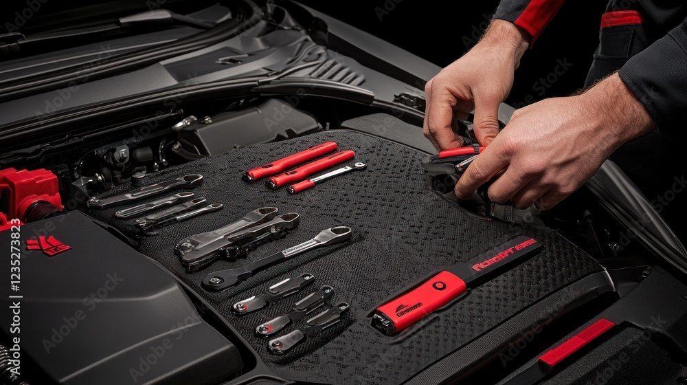 Poster mechanic using tools in a car engine bay