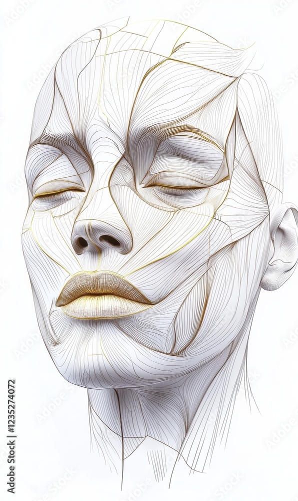 Poster facial muscles and contours are illustrated with intricate detail showing anatomical structure and e