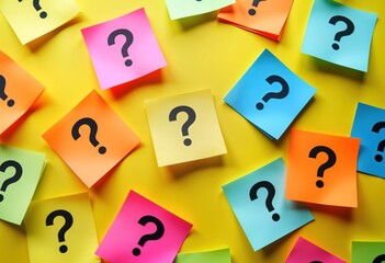 Colorful sticky notes with question marks on yellow background. Bright notes for brainstorming, planning ideas. Inspiring colorful design for creative work. Great for concept development, problem