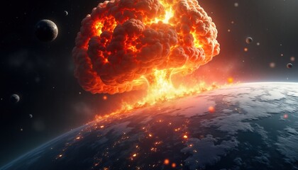 Planet Earth explodes in fiery atomic blast. Huge mushroom cloud rises above scorched globe. Destruction, global catastrophe. Massive fire engulfs world. World war 3 scenario depicted. Nuclear