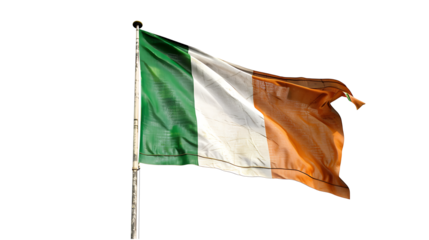 The flag of Ireland waving gracefully with detailed fabric texture, isolated on a white background