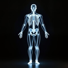 Digital full body scan shows human skeleton on screen. Futuristic tech medical screening for health issues. AI-powered analysis of anatomy. Transparent visualization of bone structure. Medical
