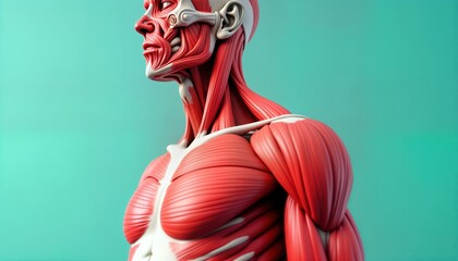Detailed 3D model of upper human torso muscles. Realistic anatomy representation shows intricate muscle fiber structure. Close-up view of shoulder, back muscles. Educational anatomical illustration.