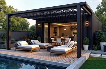 Modern outdoor patio area with pergola shade structure. Comfortable lounge chairs, dining table situated on wooden deck next to swimming pool. Patio opens to modern kitchen inside contemporary house.