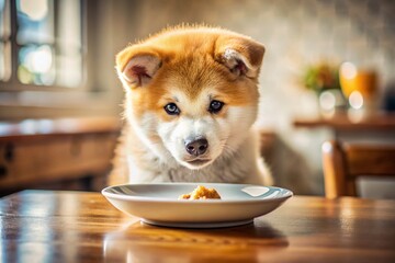 Cute Akita Inu Puppy Eating From Plate At Home In A Cozy Kitchen