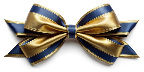Elegant Gold Ribbon Bow on White Background, Rule of Thirds, Dark Blue, AI Photo