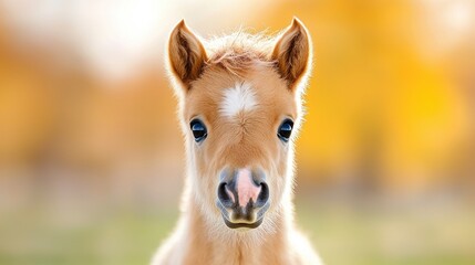 Fototapeta premium Palomino foal portrait, autumn field background, idyllic scene, perfect for calendars