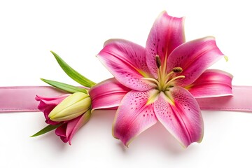 Fototapeta premium Elegant Lily Banner Pink Bow White Background AI Food Photography