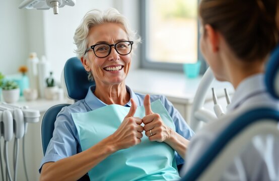 Cheerful senior woman giving thumbs up during dental consultation. Happy patient sits in dental chair. Dental hygienist dentist listens. Positive experience at dental office. Healthy smile. Teeth