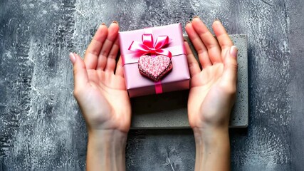 Close-up on female hands holding a Valentine's Day gift, heartfelt gesture, Ai Generated.