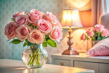 Elegant Pink Roses in Vase, Pastel Bedside Table, Minimalist Photography, AI Art