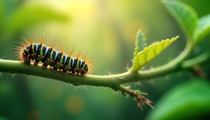Colorful crawls on green plant stem. Closeup macro view of vibrant insect. Natural outdoor setting. Bright sunlight, blurred background. Summer day. Focus on insect, stem. Detail of markings, hairs.