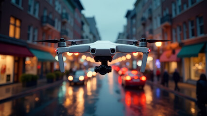 A drone with a camera that monitors the traffic situation and traffic in the city over the street, Technologies of the future