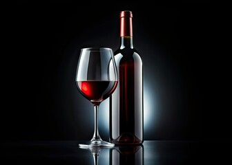 Elegant Red Wine Glass & Bottle, Black Background, AI Photography