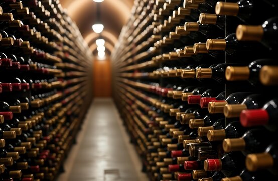 Organized rows of wine bottles in sophisticated wine cellar. Many bottles neatly stacked, arranged vertically. Industrial style cellar collection of different wines. Preservation, meticulous storage - Powered by Adobe