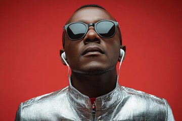 Obraz premium Man listening music, red background, studio shot, fashion