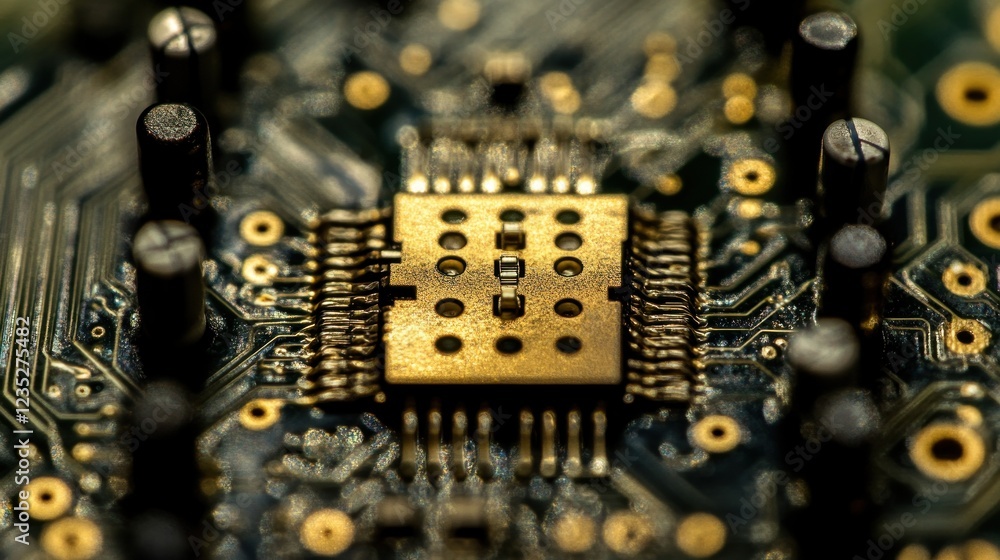 Poster Closeup Of A Gold Microchip On A Circuit Board