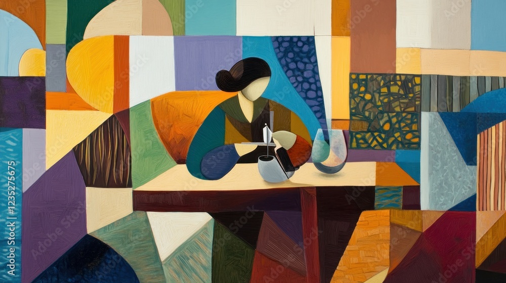 Poster woman sitting at table in abstract geometric setting