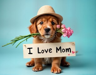Cute puppy wears hat, holds flowers. Puppy displays sign saying I Love Mom. Indoor studio shot. Ideal for Mother Day cards. Adorable pet holds bouquet. Happy puppy with message. Perfect for family,