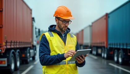 Logistics manager uses tablet to track truck fleet. Monitors cargo transport, manages deliveries. Modern transport tech improves efficiency in industry. Commercial vehicle coordination happens