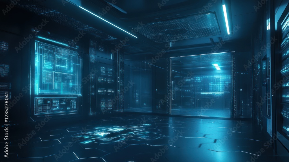 Poster futuristic data center server room digital interface
