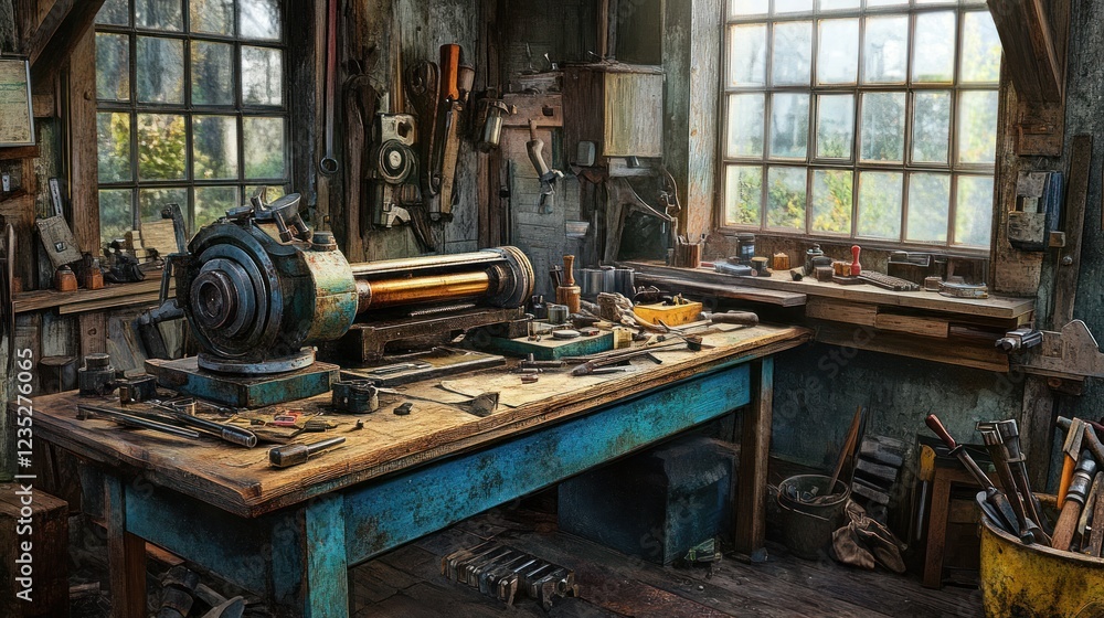 Poster Rustic Workshop With Vintage Machinery And Tools