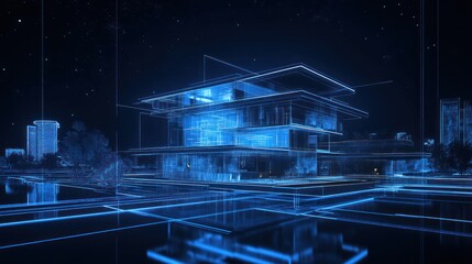 Digital Architectural Blueprint Of A Modern House At Night