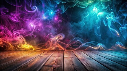 Empty Dark Scene, Neon Smoke, Wooden Floor, Minimalist Photography