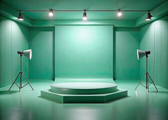 Empty Mint Green Studio Room, Product Display, 3D Podium