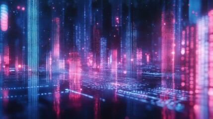 Futuristic Digital Cityscape Neon Lights Glowing Towers