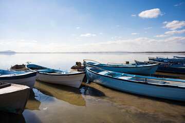Decorated day-trip boats in Isikli Lake in Denizli's Civril district. Isıkli Lake is flooded with...