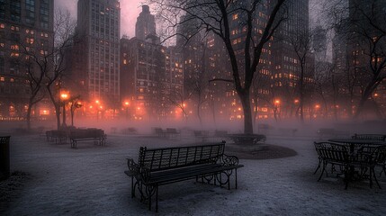 Fototapeta premium Foggy City Park Winter Night Scene with Benches and Lights