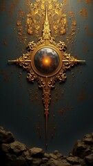 Fototapeta premium Golden cross showing planet and rising sun on dark background