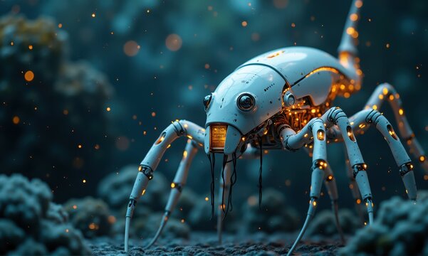 Futuristic robot insect exploring alien planet at night