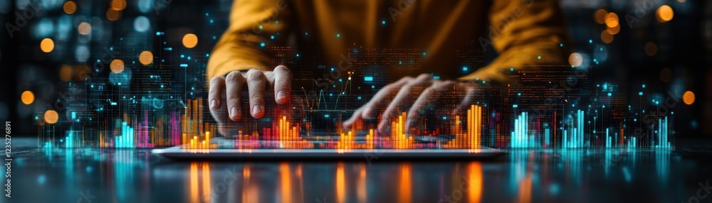 Poster Hands Interacting With Digital Data Visualization Graphs