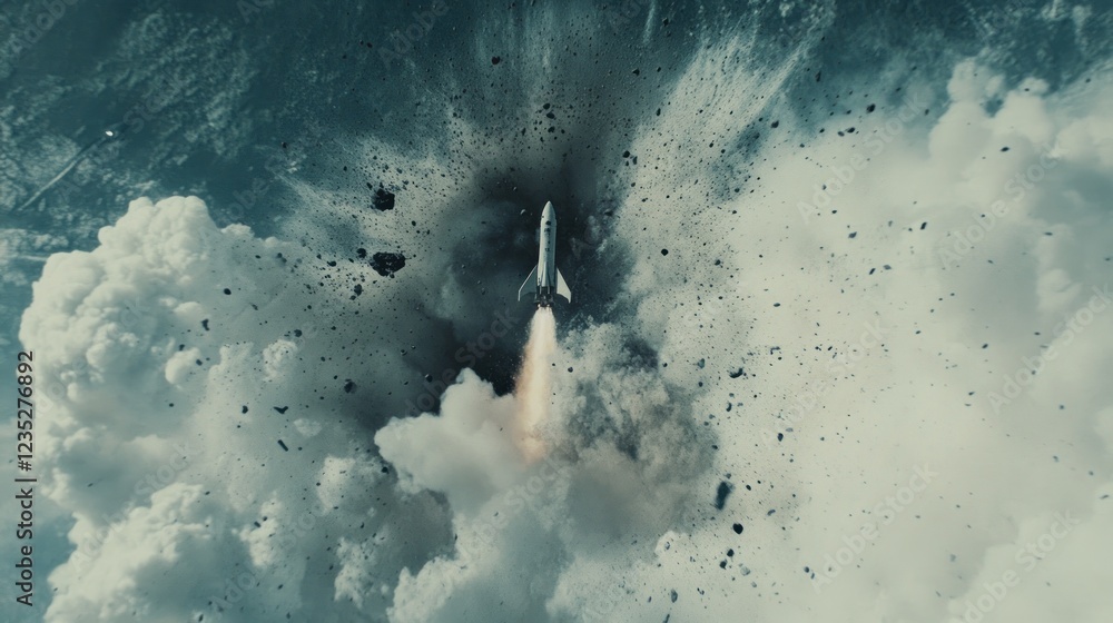 Poster spaceship ascending through asteroid field