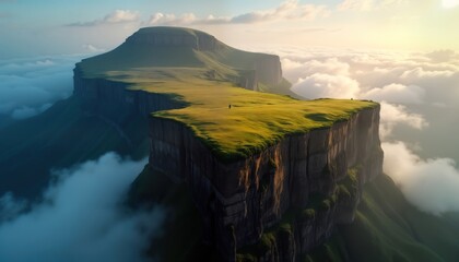 Majestic tabletop mountain Mount Roraima. Flat summit with sheer cliffs. Shrouded in mist above clouds. Surreal landscape. Nature wonder. Inspiring travel destinations. Peaceful scenic view. Amazing