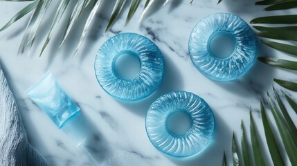 Obraz premium Three Blue Circular Soaps With Tropical Leaves And Lotion