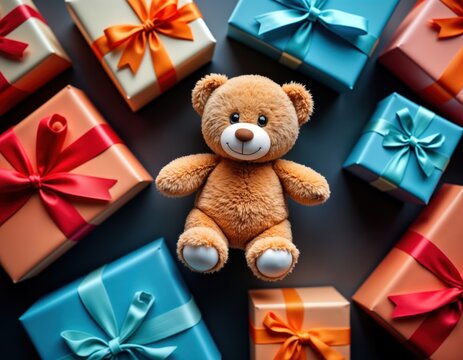 Colorful gift boxes surround plush teddy bear. Safe Toys Month celebration. Presents wrapped in various colors. Joyful, happy. Holiday spirit. Warmly presented. Gifts neatly arranged. Ideal for child