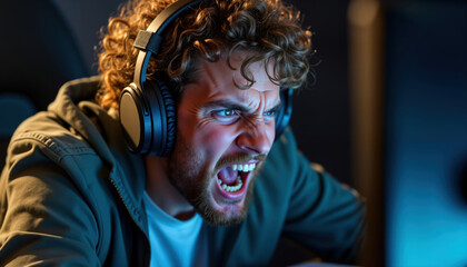 Angry gamer yells at screen during intense video game session. Man with curly hair wears headset, shows extreme emotion. Focused on interactive digital entertainment. Sits playing game with