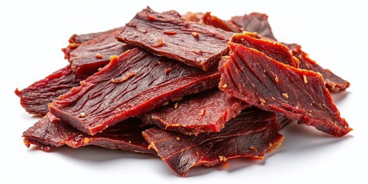 Delicious Jerky Beef Slices Isolated on White & Transparent Backgrounds - Stock Photo