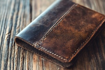 Rustic Brown Leather Wallet on Wooden Background Handcrafted Vintage Style Close up Detail