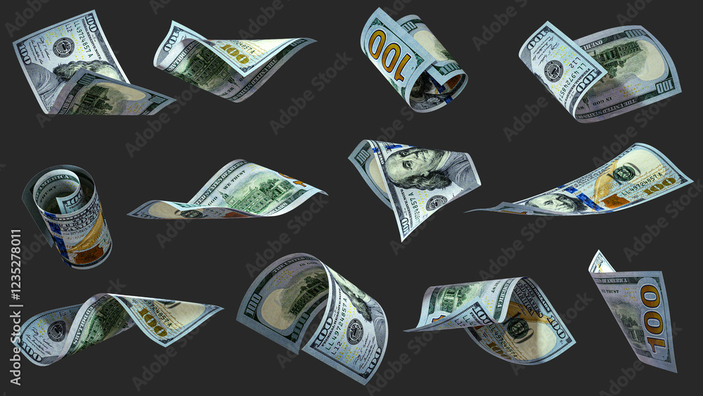 Poster 3d rendering of set of 100 us dollar notes flying in different angles and orientations isolated on d