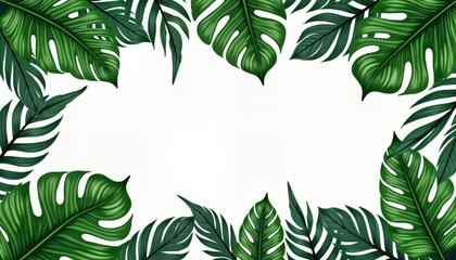 Tropical green leaves form decorative frame on white background. Rich foliage creates vibrant summery design. Botanical illustration perfect for wallpaper, greeting cards, invitations. Tropical